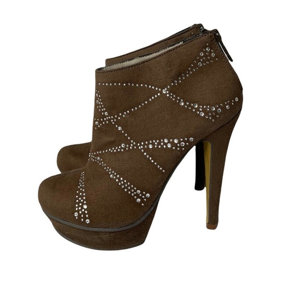 Womens MICHAEL ANTONIO Brown Rhinestone Studded Platform Ankle Booties Heels 7 - Picture 5 of 11